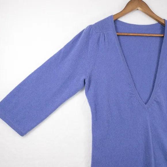 100% Cashmere V Neck Sweater Purple 3/4 Sleeve Edinburgh Wollen Mill Medium