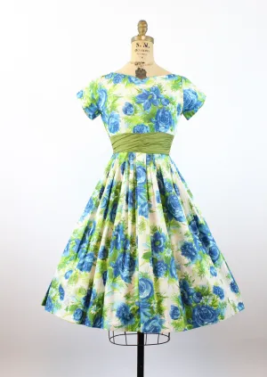 1950s BLUE ROSE cotton print full skirt dress xs | new spring summer