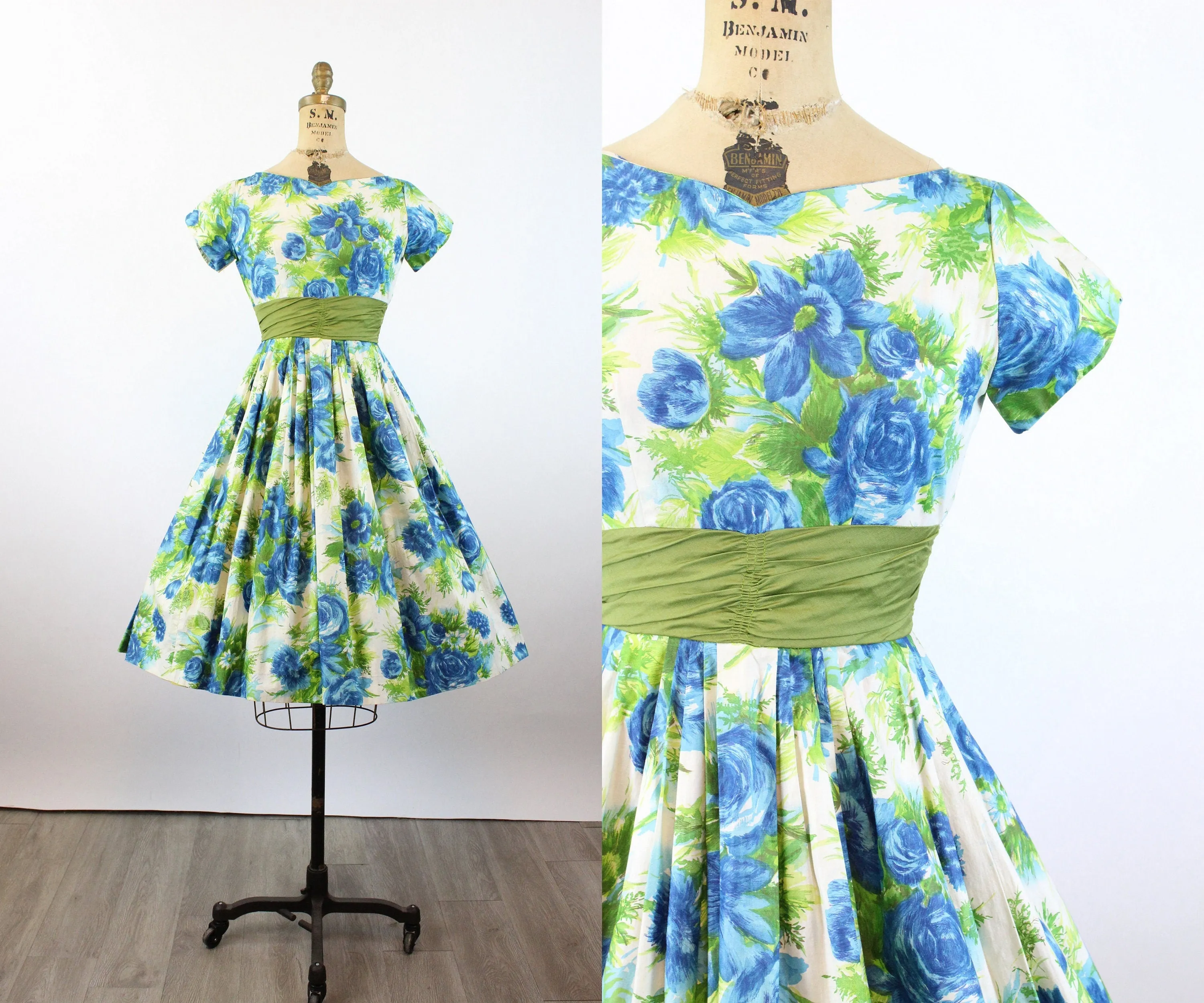 1950s BLUE ROSE cotton print full skirt dress xs | new spring summer