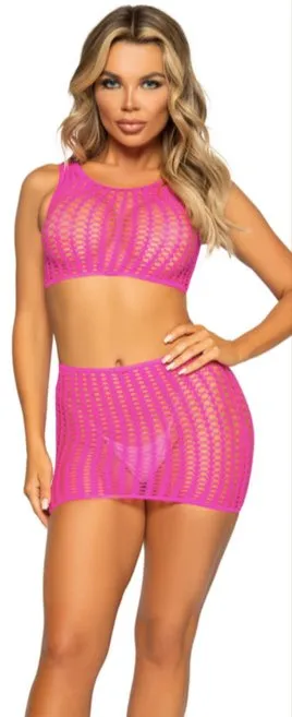 2 Pc Crochet Crop Top and Mini Skirt Pink