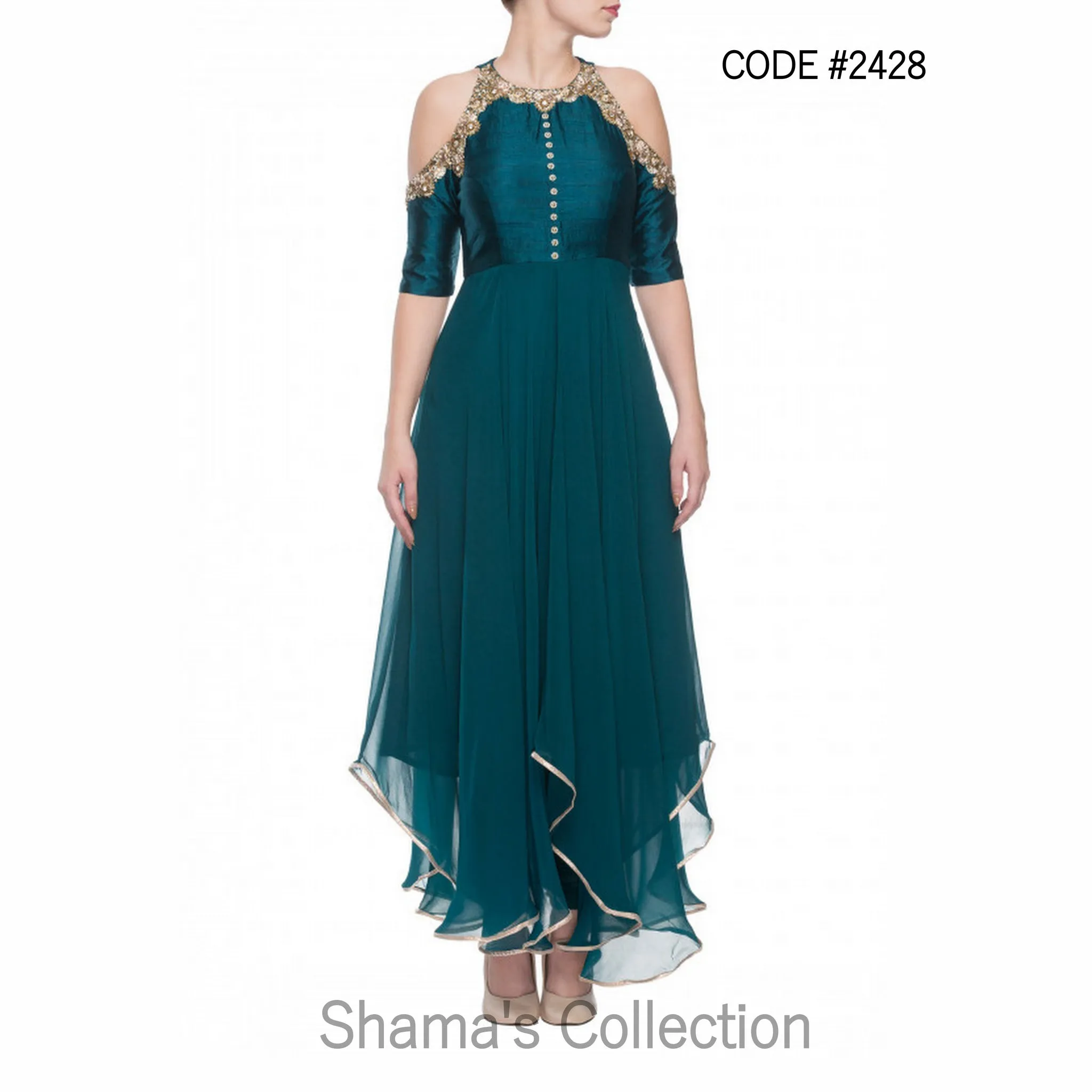 2428 Bottle Green High Low Cold Shoulder Kurta With Chudidar outfit set