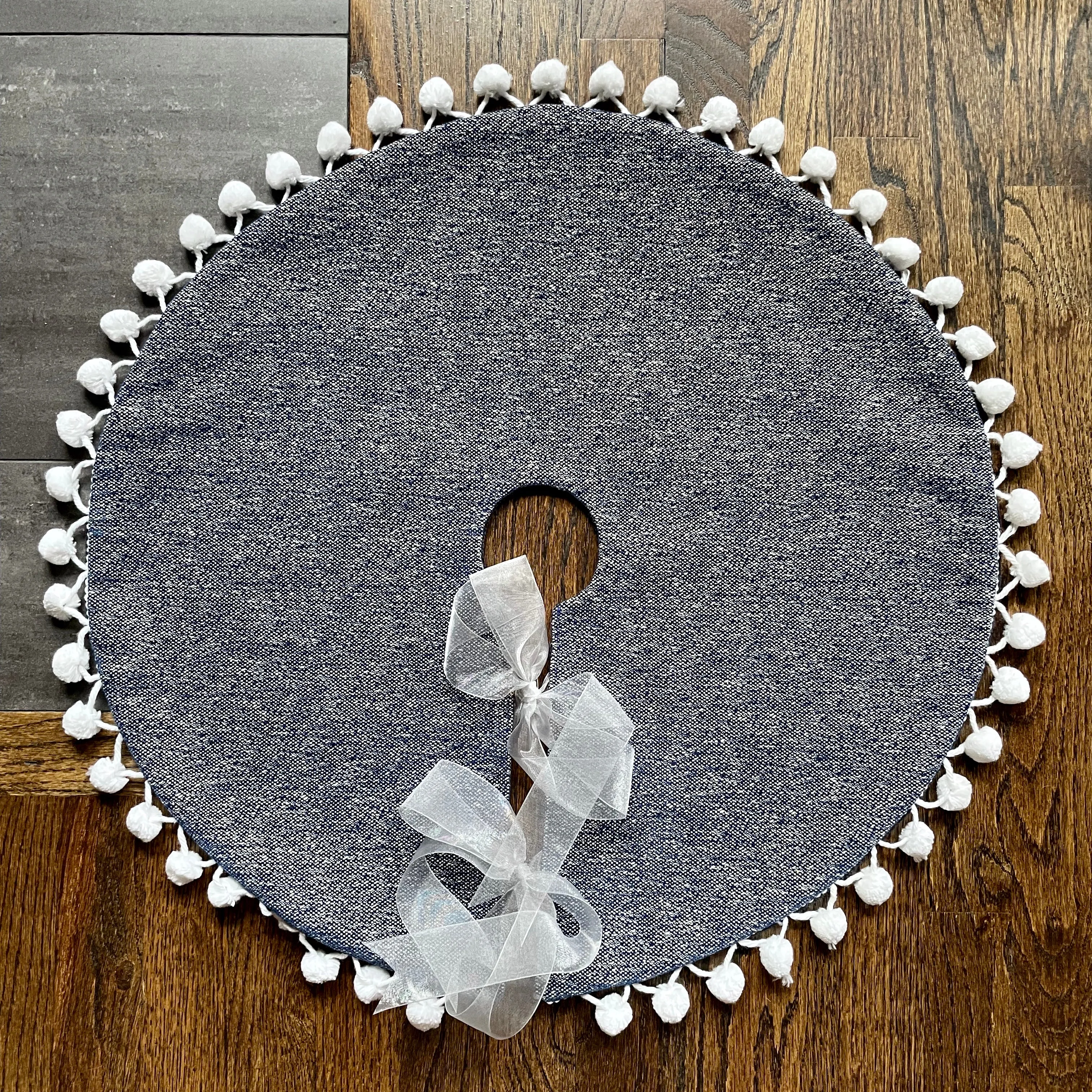 24" Navy Blue Tweed Tabletop Christmas Tree Skirt with Pom Pom Fringe | Reversible