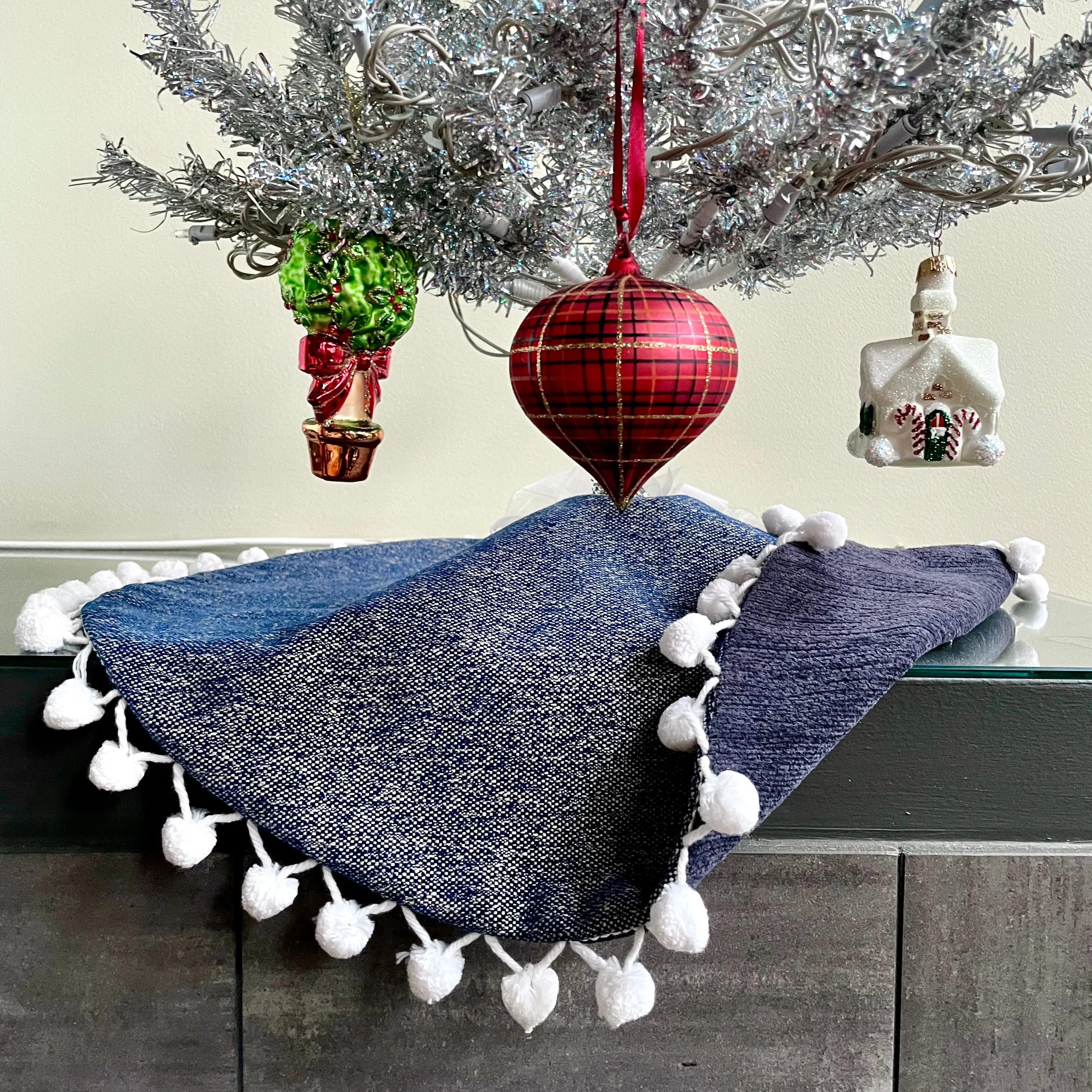 24" Navy Blue Tweed Tabletop Christmas Tree Skirt with Pom Pom Fringe | Reversible
