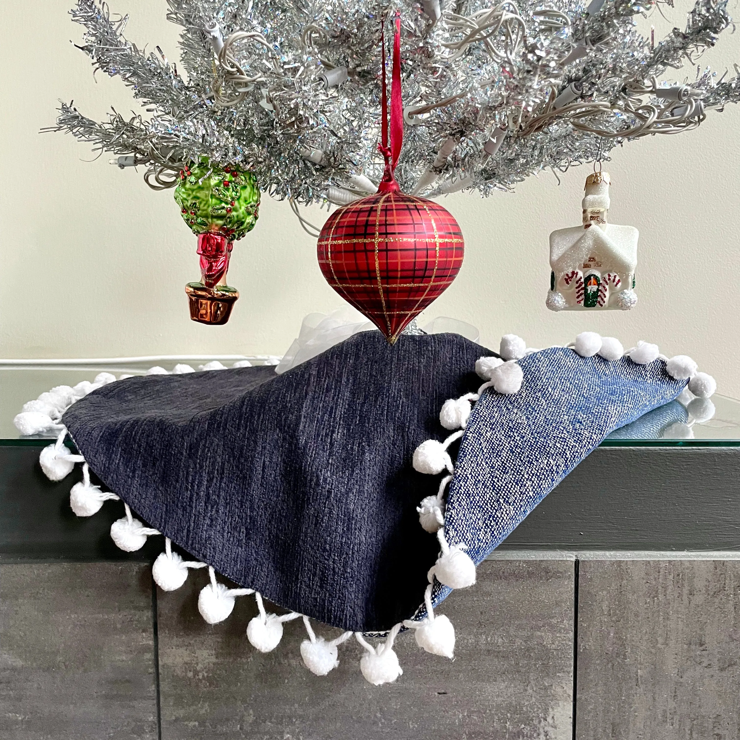 24" Navy Blue Tweed Tabletop Christmas Tree Skirt with Pom Pom Fringe | Reversible