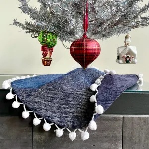 24" Navy Blue Tweed Tabletop Christmas Tree Skirt with Pom Pom Fringe | Reversible