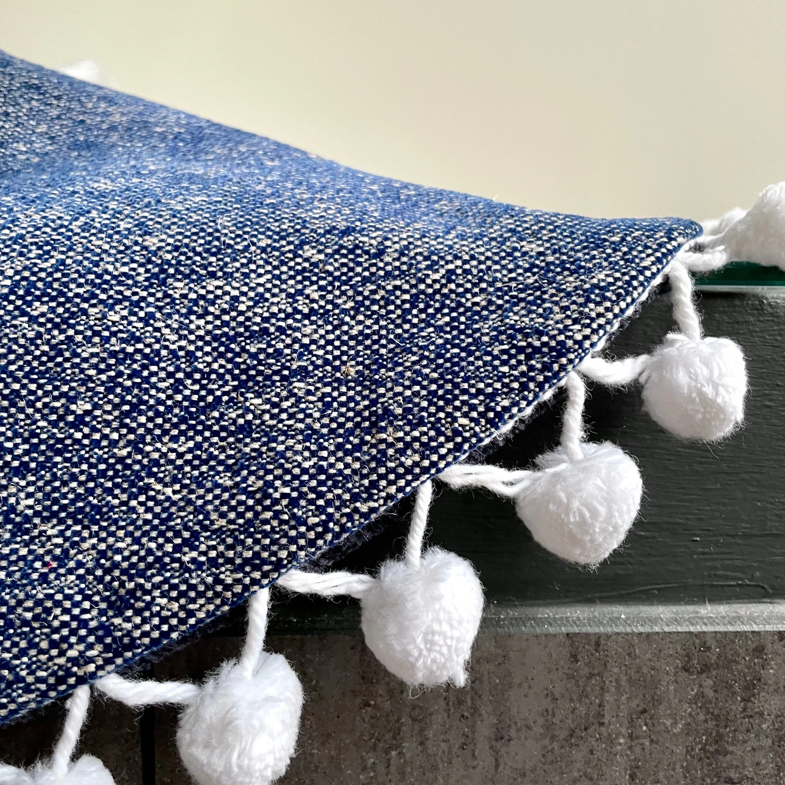 24" Navy Blue Tweed Tabletop Christmas Tree Skirt with Pom Pom Fringe | Reversible