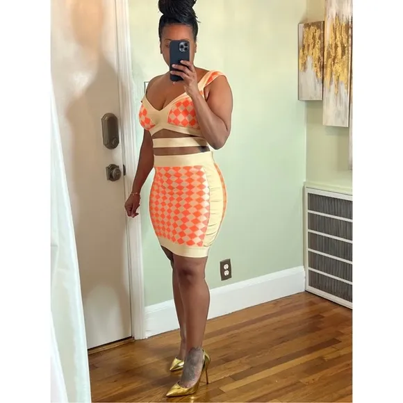2pc Crop Top and mini Skirt Set Tan Orange NWT