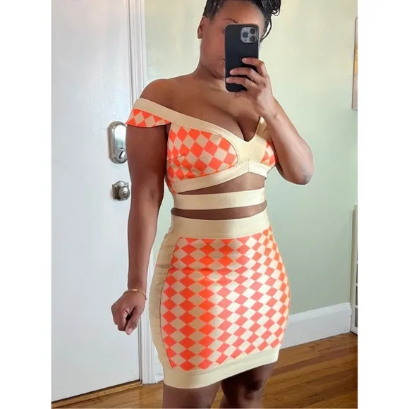 2pc Crop Top and mini Skirt Set Tan Orange NWT