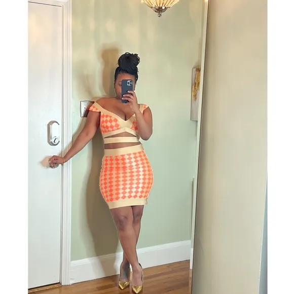 2pc Crop Top and mini Skirt Set Tan Orange NWT