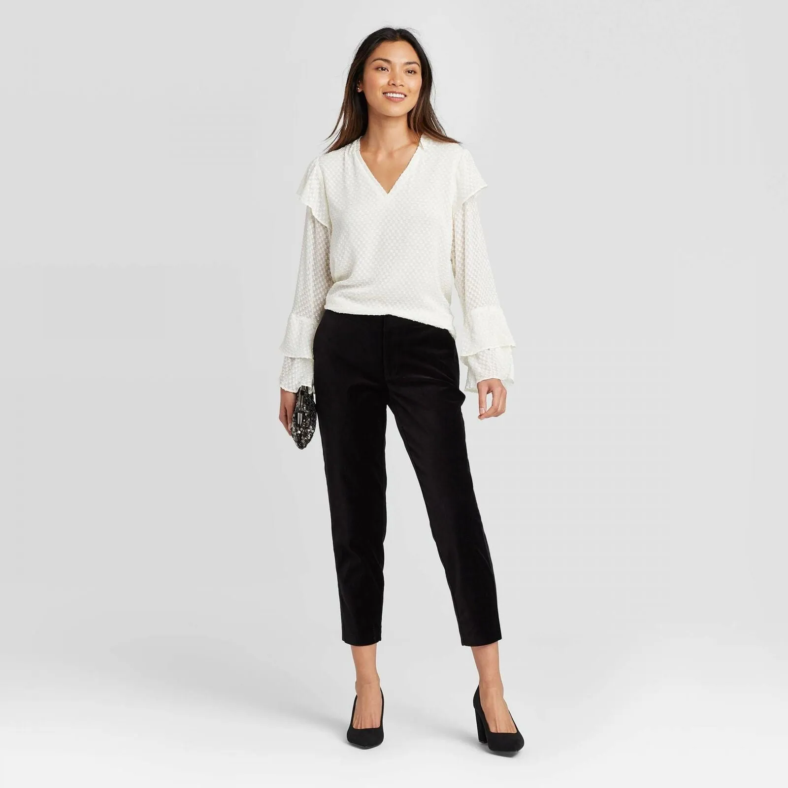 A New Day Women's Ruffle Long Sleeve V-Neck Blouse Shirt Top
