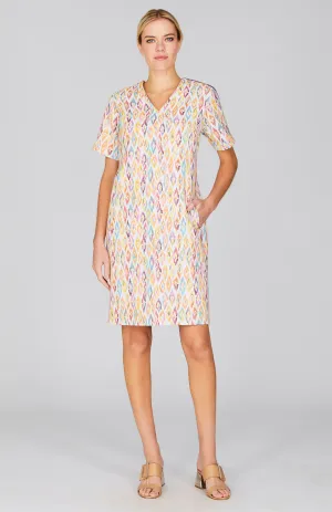 Abstract Feather Short Sleeve Shift Dress w/ Bias