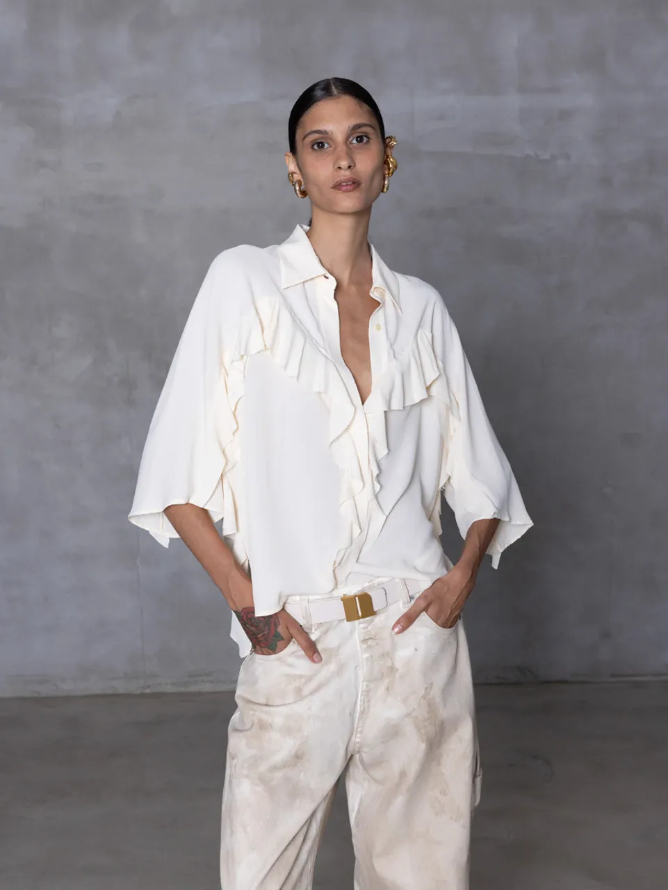 ACETATE BLOUSE WITH FLOUNCE DETAILS - CREAM