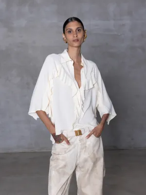 ACETATE BLOUSE WITH FLOUNCE DETAILS - CREAM