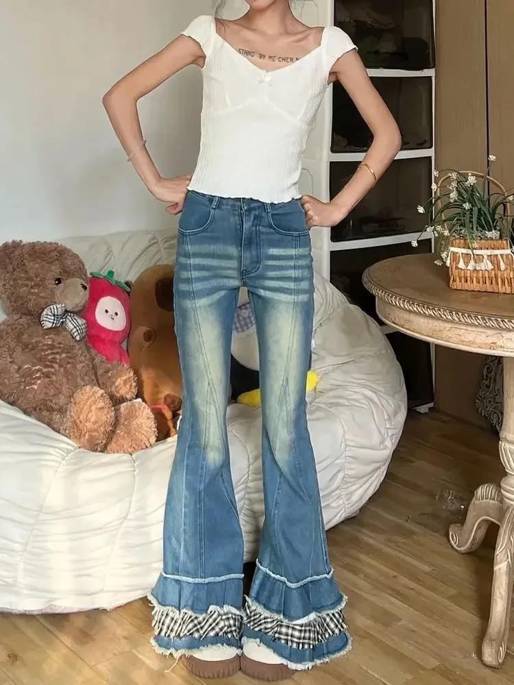 ADVBRIDGE  -  Y2k 2000s Distressed Bootcut Cake Pants Women Vintage Patchwork Plaid Whiskers High Waist Flare Jeans Kawaii Bell Bottoms