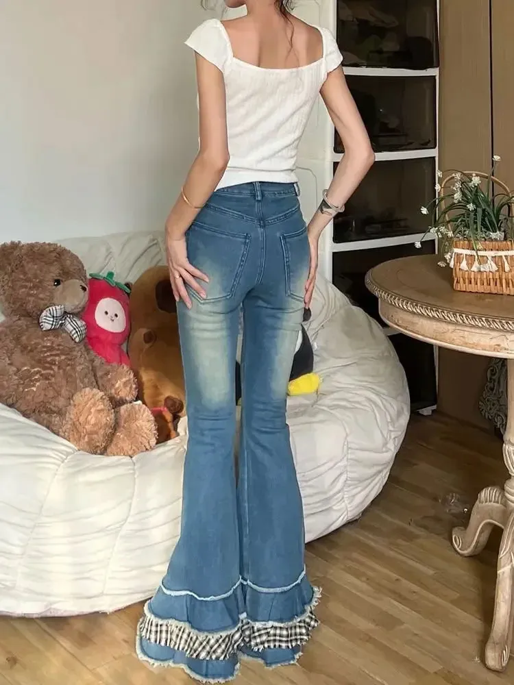 ADVBRIDGE  -  Y2k 2000s Distressed Bootcut Cake Pants Women Vintage Patchwork Plaid Whiskers High Waist Flare Jeans Kawaii Bell Bottoms