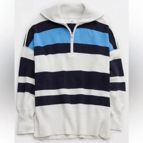 Aerie Beyond Quarter Zip Sweater Rugby Stripped Oversized Sz Large