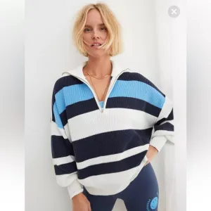 Aerie Beyond Quarter Zip Sweater Rugby Stripped Oversized Sz Large