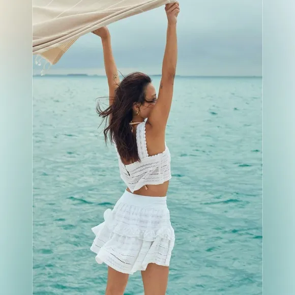 AERIE Textured Lace Ruffle Mini Skirt   Cropped Crochet Tank Top Set Size M