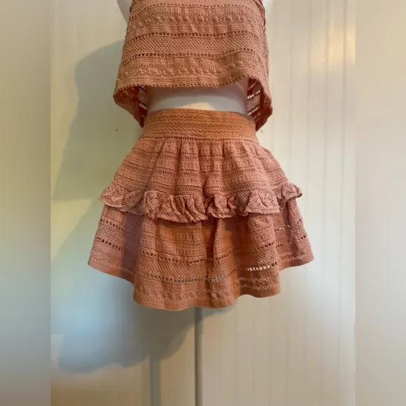 AERIE Textured Lace Ruffle Mini Skirt   Cropped Crochet Tank Top Set Size M