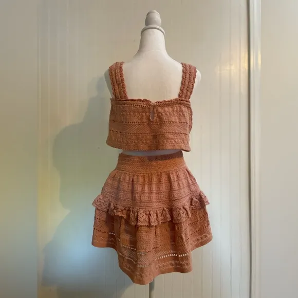 AERIE Textured Lace Ruffle Mini Skirt   Cropped Crochet Tank Top Set Size M