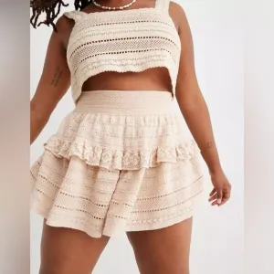 AERIE Textured Lace Ruffle Mini Skirt   Cropped Crochet Tank Top Set Size M