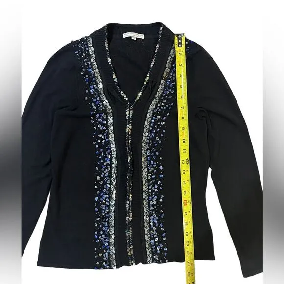 Alberto Makali Embellished Sweater Beaded Sequin V Neck Black Medium