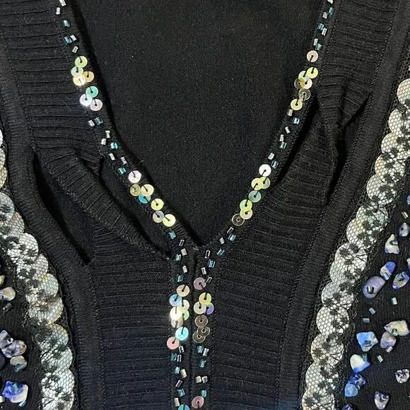 Alberto Makali Embellished Sweater Beaded Sequin V Neck Black Medium