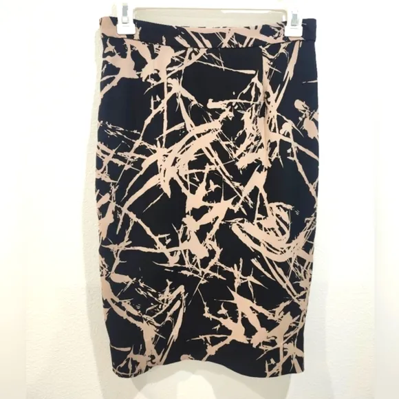 A.L.C. 100% SILK PENCIL SKIRT SPLATTER NUDE TAN CREAM &amp; BLACK SIZE 2