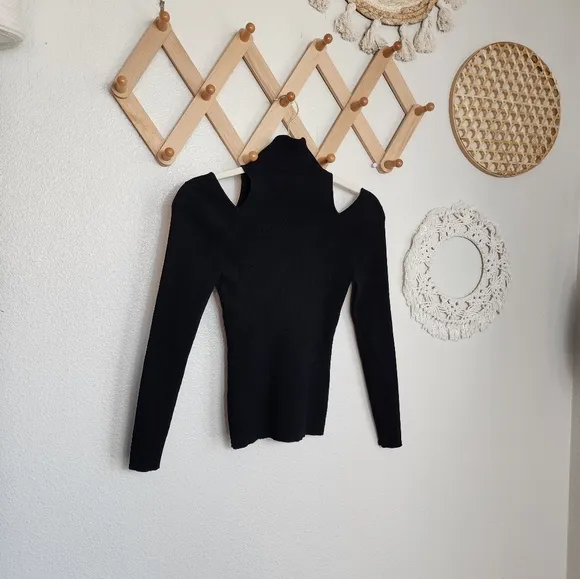 A.L.C Black Matera Ribbed Cutout Long-Sleeve Sweater Turtleneck Size XS