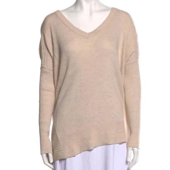 AllSaints Keld V-Neck Merino Wool Ribbed Sweater Color Almond  Marl Sz S