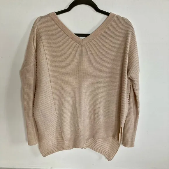 AllSaints Keld V-Neck Merino Wool Ribbed Sweater Color Almond  Marl Sz S