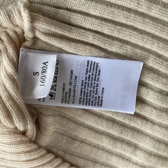 AllSaints Keld V-Neck Merino Wool Ribbed Sweater Color Almond  Marl Sz S