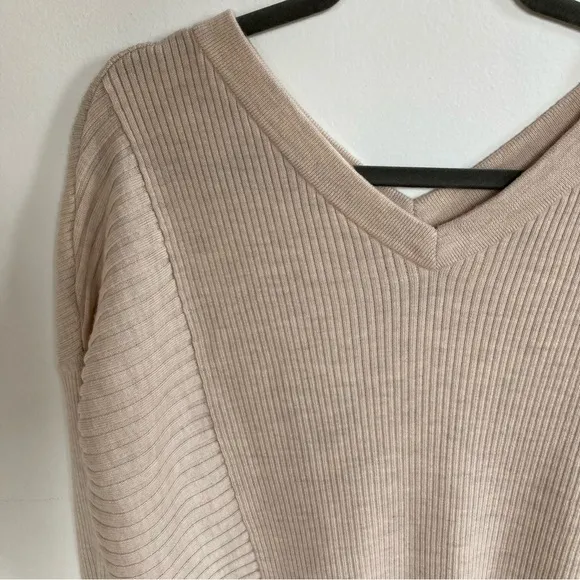 AllSaints Keld V-Neck Merino Wool Ribbed Sweater Color Almond  Marl Sz S