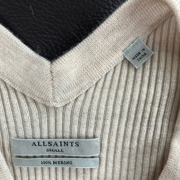 AllSaints Keld V-Neck Merino Wool Ribbed Sweater Color Almond  Marl Sz S