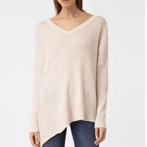 AllSaints Keld V-Neck Merino Wool Ribbed Sweater Color Almond  Marl Sz S