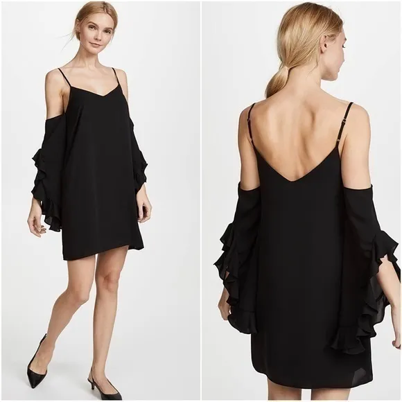 Amanda Uprichard Gianna Cold Shoulder Ruffle Sleeve Shift Dress in Black Size S