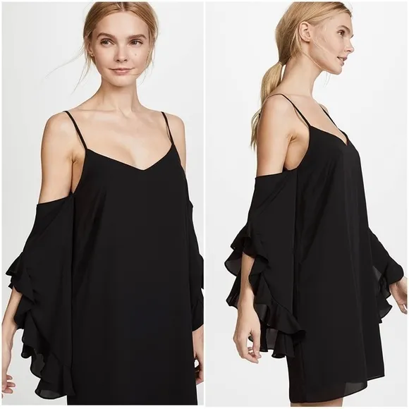 Amanda Uprichard Gianna Cold Shoulder Ruffle Sleeve Shift Dress in Black Size S