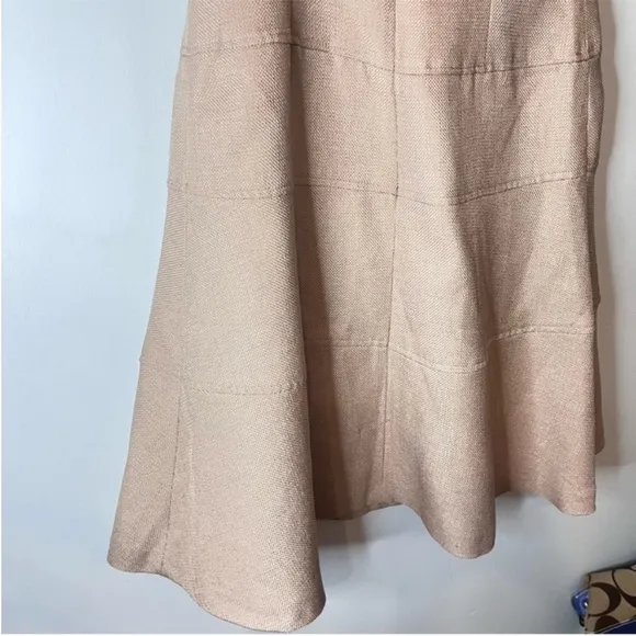 Ann Klein Sleeveless Dress Sz 6 Scoop Neck Embroidered Neckline Beige Fit Flare