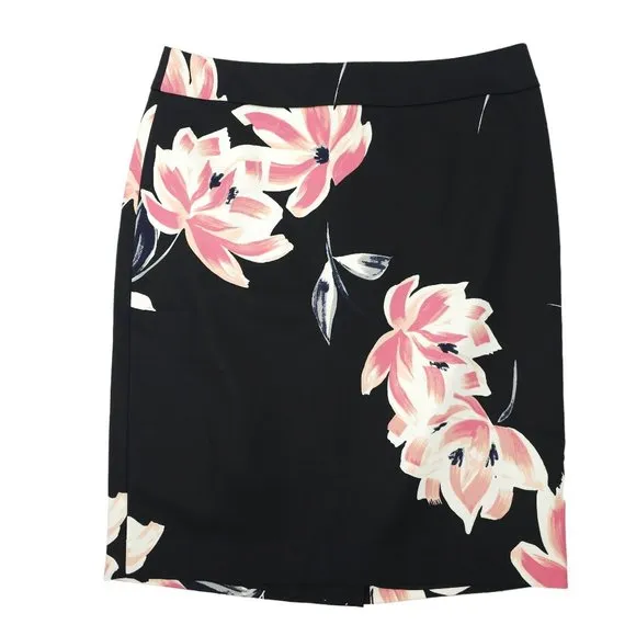 Ann Taylor Factory Floral Pencil Skirt Womens Sz 10 Black Pink Back Zip Slit NEW
