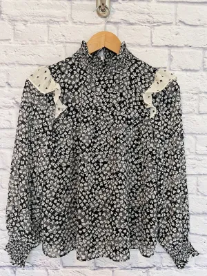ANN TAYLOR Floral Smock Ruffle Blouse Sz P Small Ditsy Flower Workwear Career