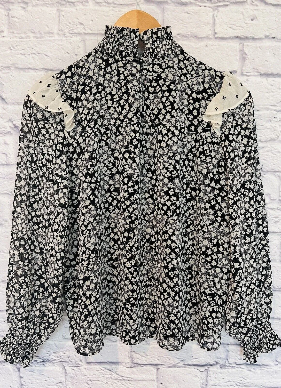 ANN TAYLOR Floral Smock Ruffle Blouse Sz P Small Ditsy Flower Workwear Career