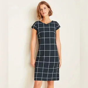 Ann Taylor Petite Windowpane Shift Plaid Dress Pine Green Color