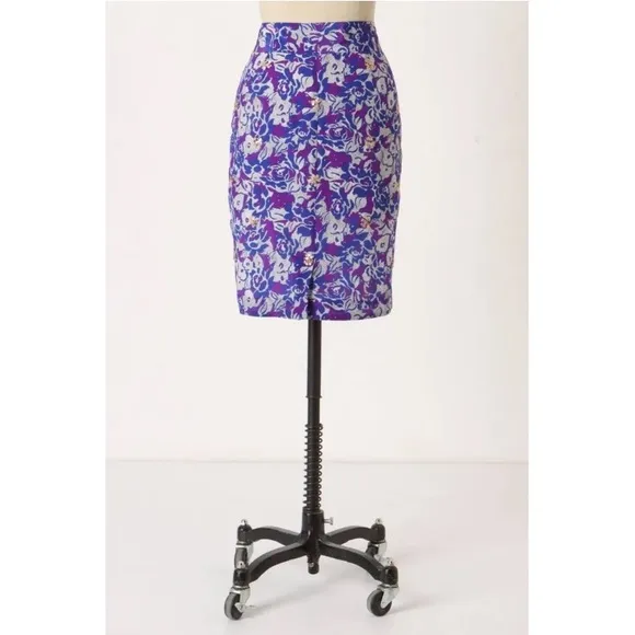 Anthro Silk Pencil Skirt Sz 0 Small Indigo Blue Purple Sequin Detail Lined