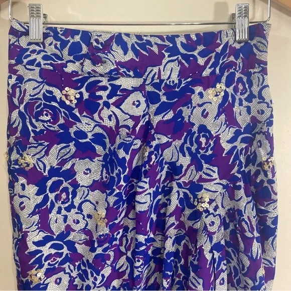 Anthro Silk Pencil Skirt Sz 0 Small Indigo Blue Purple Sequin Detail Lined