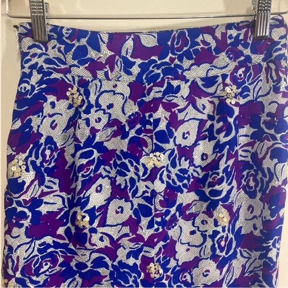 Anthro Silk Pencil Skirt Sz 0 Small Indigo Blue Purple Sequin Detail Lined