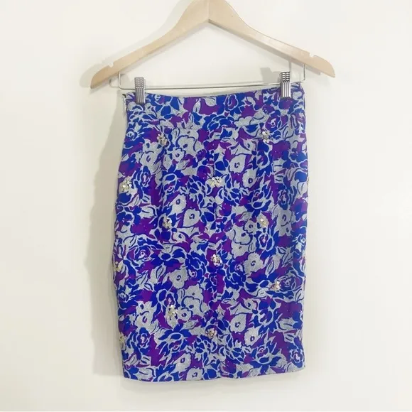 Anthro Silk Pencil Skirt Sz 0 Small Indigo Blue Purple Sequin Detail Lined