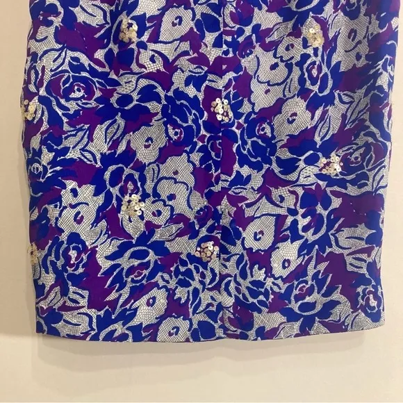 Anthro Silk Pencil Skirt Sz 0 Small Indigo Blue Purple Sequin Detail Lined