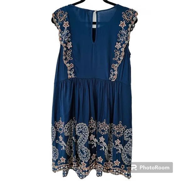 Anthro Vanessa Virginia Putomayo Beaded Navy Shift Dress Size Small