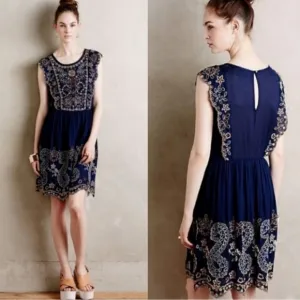 Anthro Vanessa Virginia Putomayo Beaded Navy Shift Dress Size Small