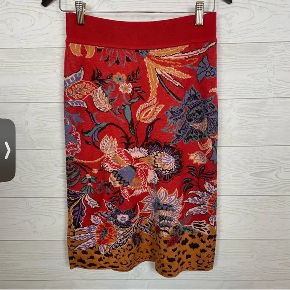 Anthropologie Maeve Delphinia Floral KnitPencil Skirt Red Floral Leopard Small